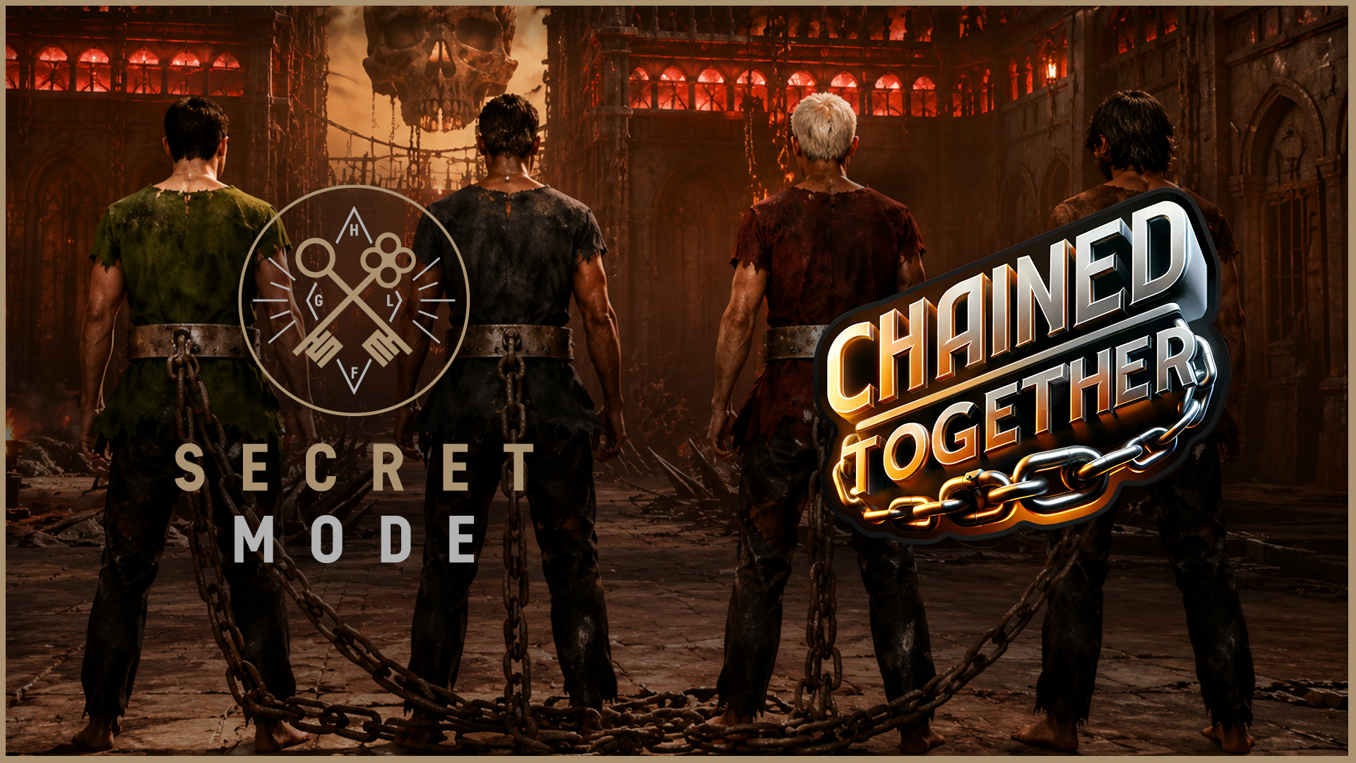 Key art for Chained Together with four men connected by chains staring at a hellish environment. Logos for Secret Mode and Chained Together are overlayed on the image.